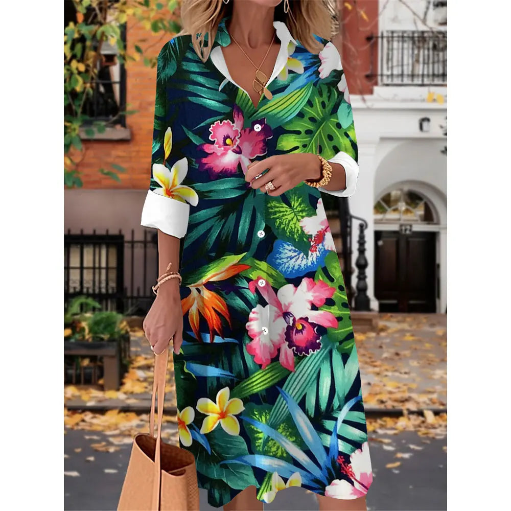 Printed V Neck Long Sleeves Button Sexy Beach and Party Dress
