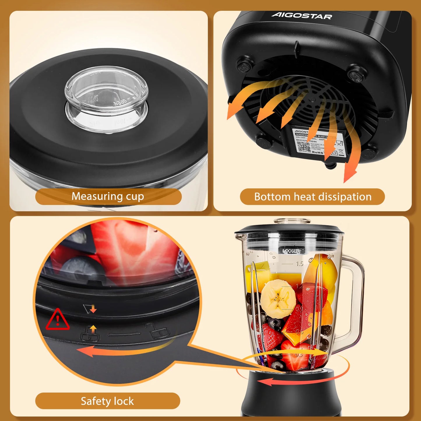 600W, 1.5L, 4-Blade Blender with Titanium Coating, 2 Speeds and Pulse, Ice Crusher, Autoclean Function
