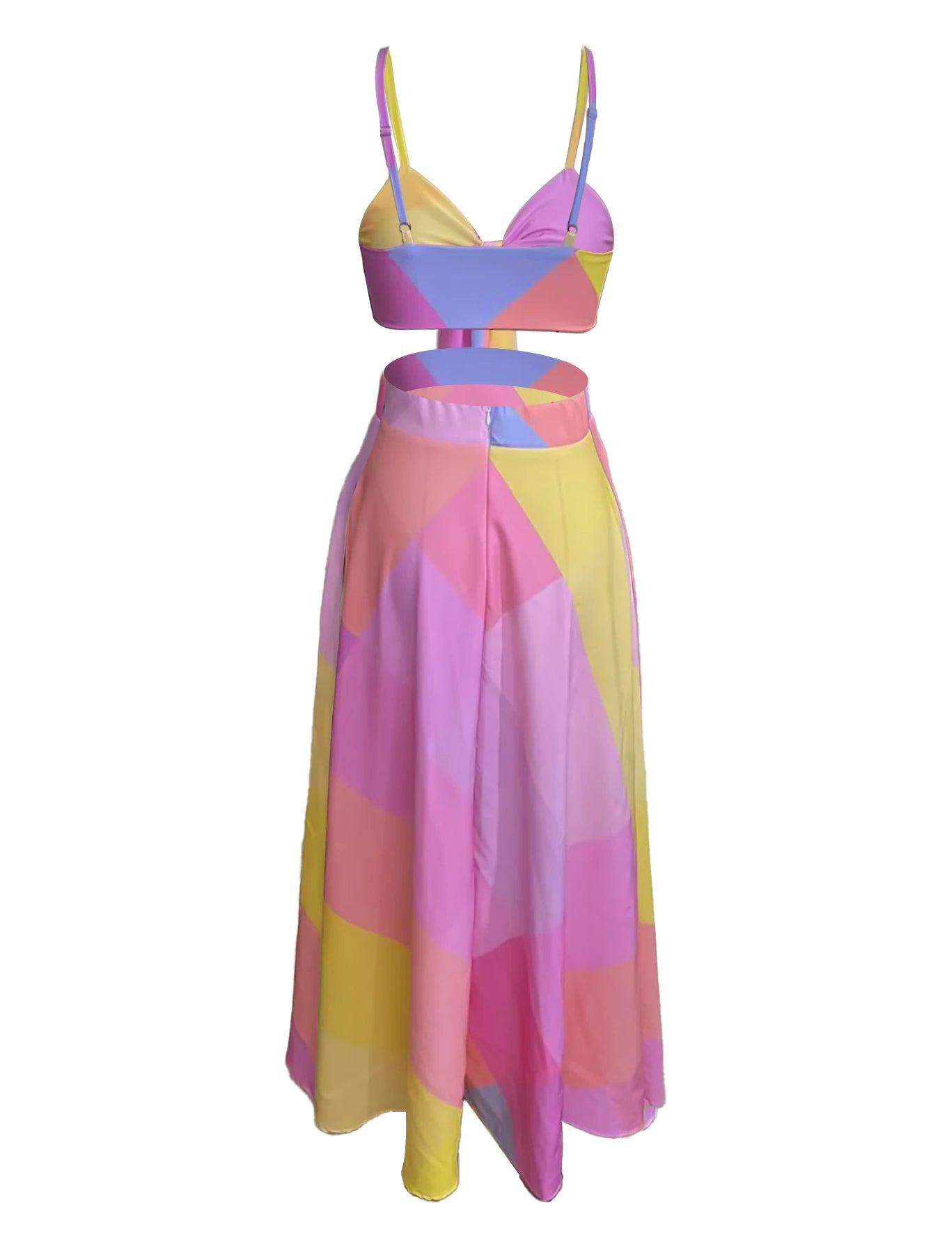 A lace-up short top with a half-length skirt and a geometric pattern