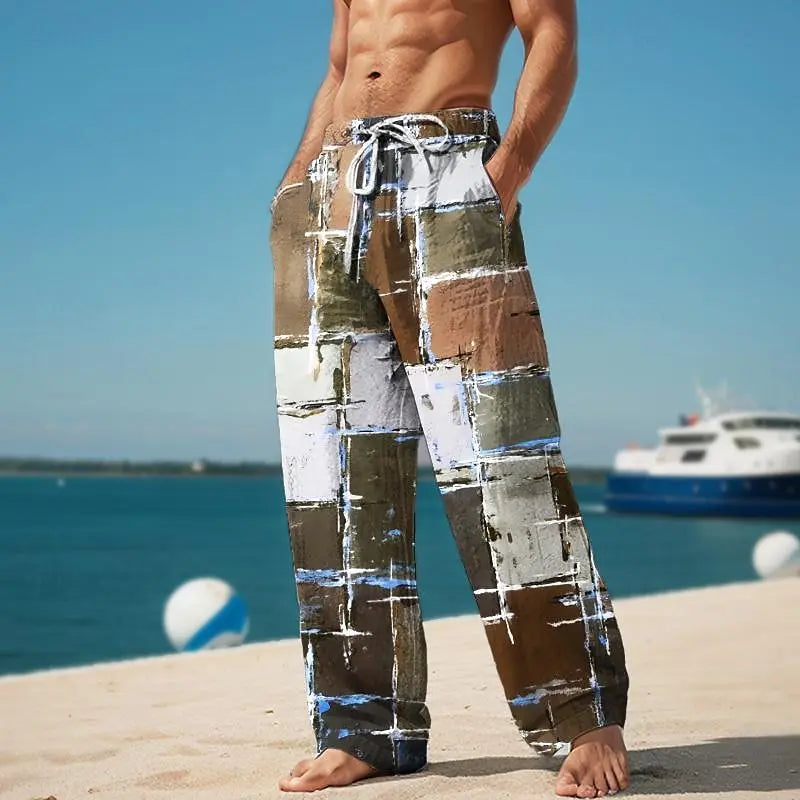 Men's Plaid Color Block Trousers Baggy Pants Mid Waist Elastic Streetwear