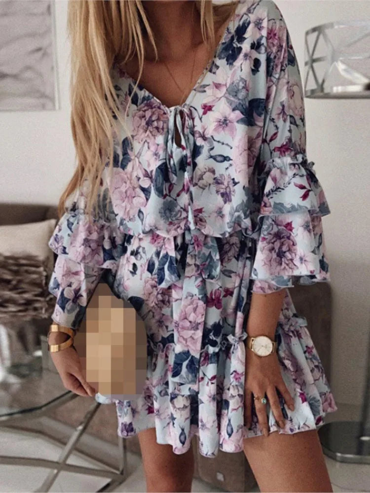 Summer Sexy V-neck Lace Up Flared Sleeve Mid Waist Short Dress