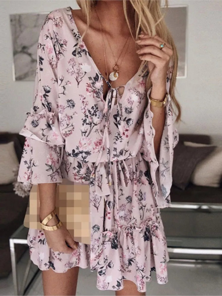 Summer Sexy V-neck Lace Up Flared Sleeve Mid Waist Short Dress