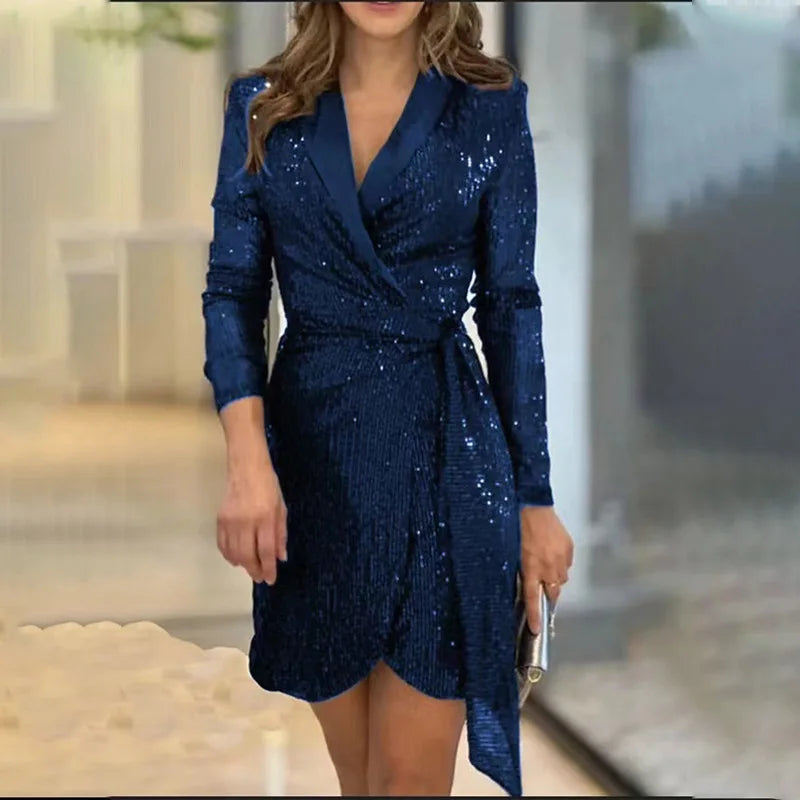 Sexy Waist Series Sequined Suit Collar Long Sleeved Lace Up Dress