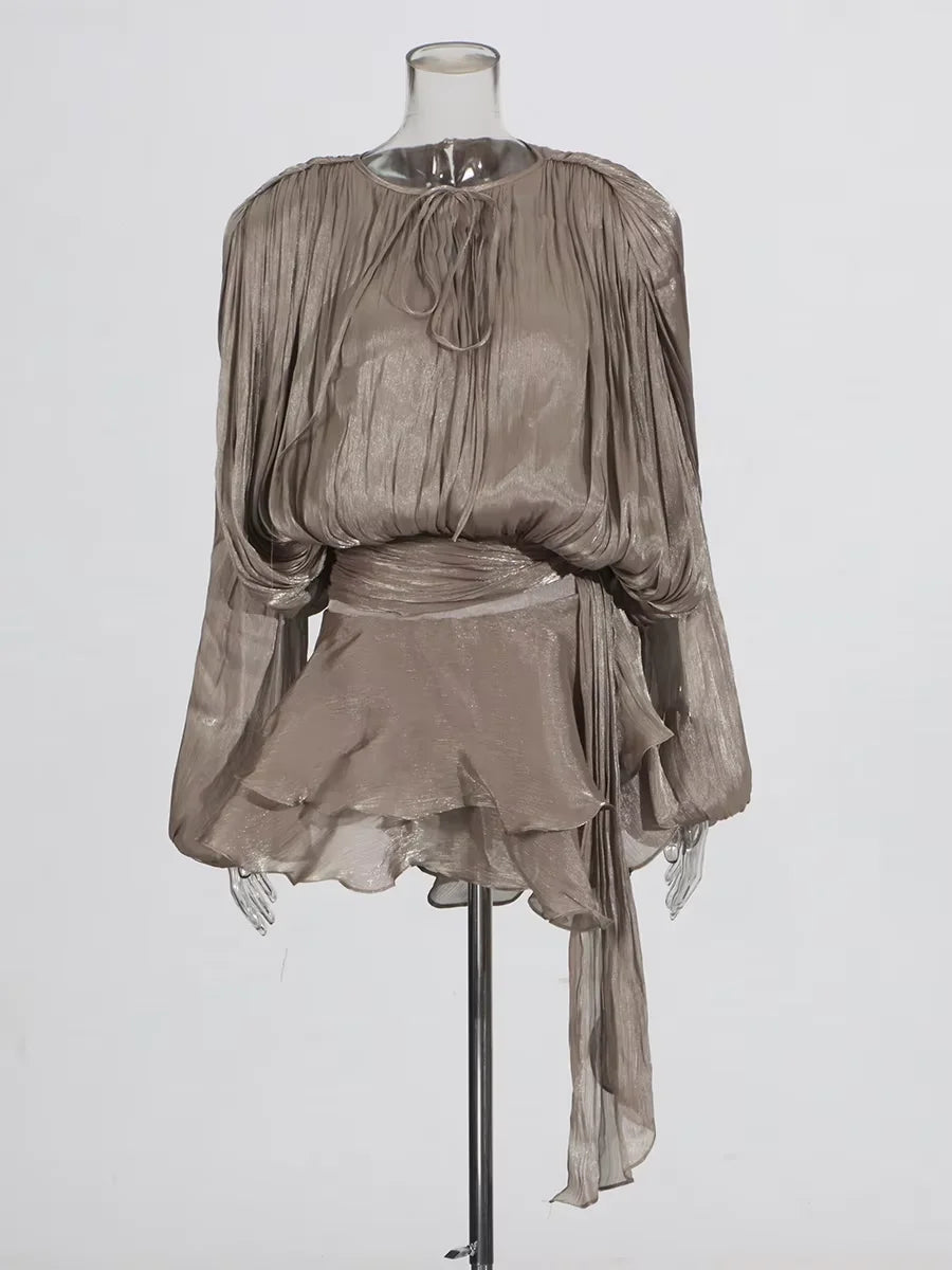 Solid Blouse Mini V Neck Long Sleeve Spliced Lace Up Sweet Style Dress
