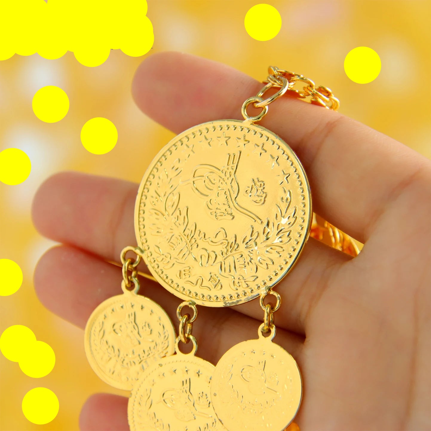 Luxury Dubai Wedding Long Necklace Coins Pendant 21k Gold Plated Jewelry