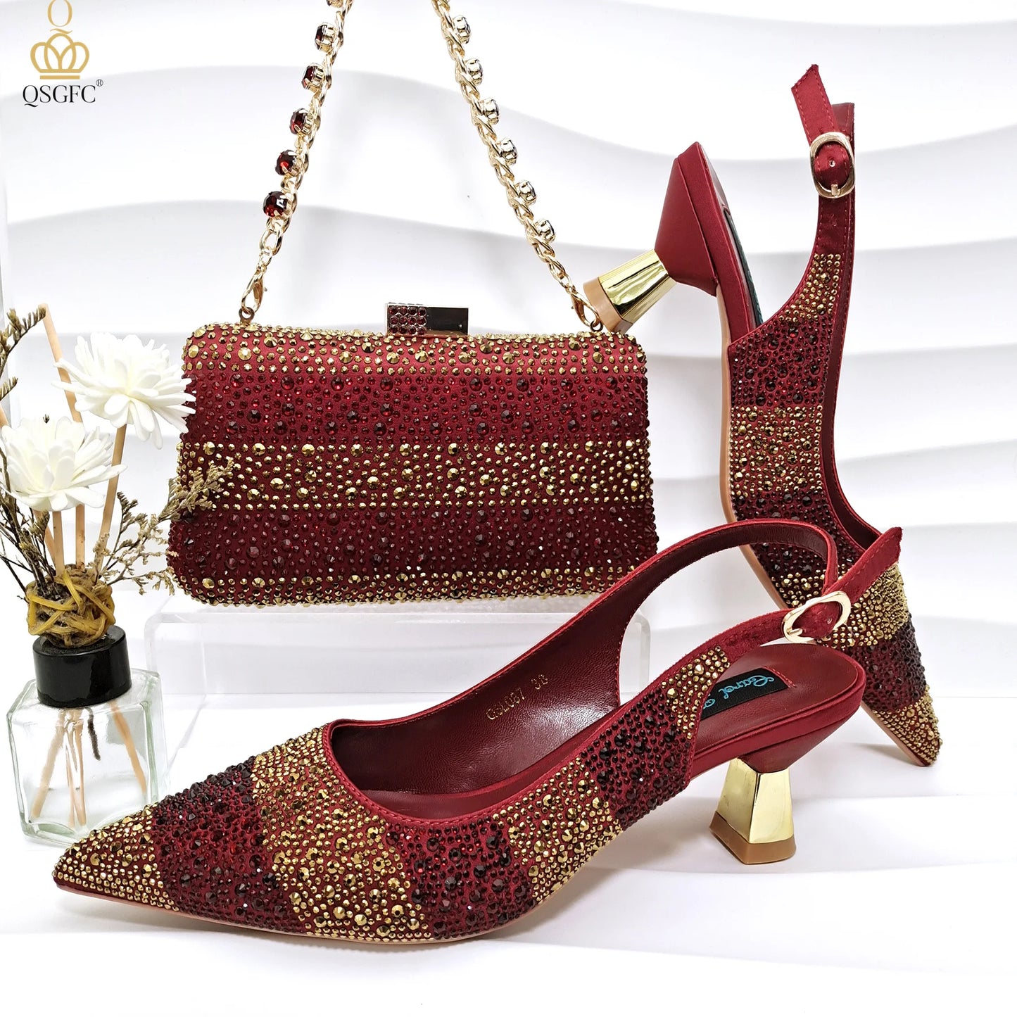 Italian Design Green Shoes And Bag Set Decorated with Rhinestone Handbag Wedding Party