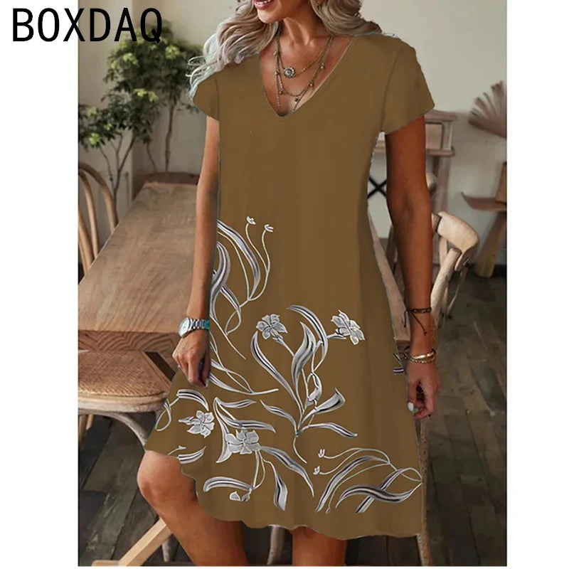 Summer Beach Casual A-Line Short Sleeve V-Neck Dress