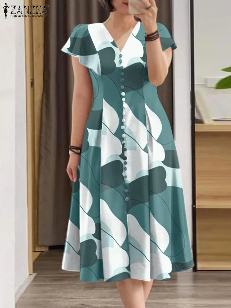 Short Sleeve V-Neck Robe Casual Holiday Sun dress Elegant Fitted Wiast