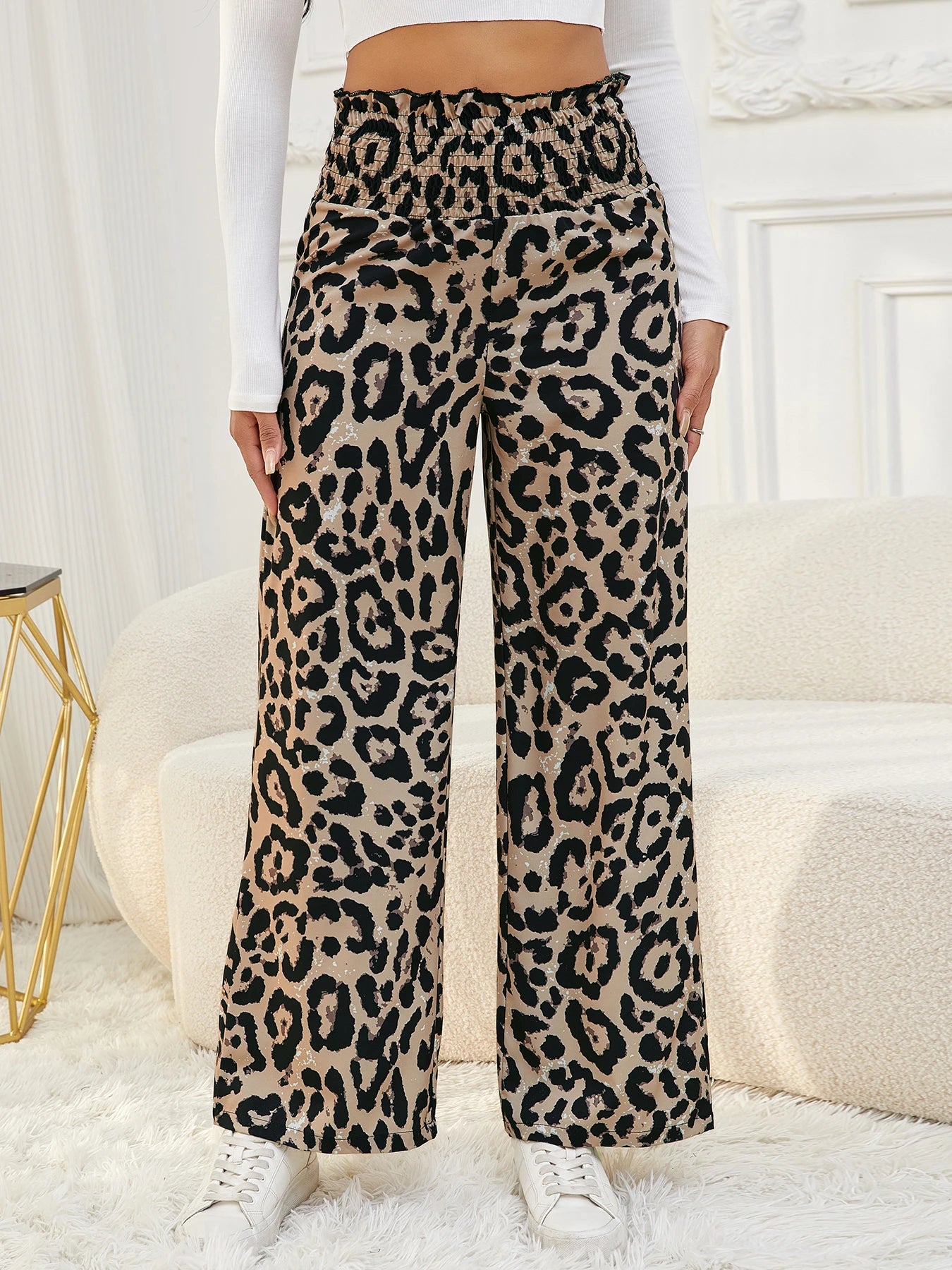 Women's Leopard Print Wide Leg Pants High Waist Smocked Straight Leg Pants