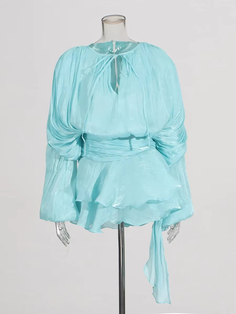 Solid Blouse Mini V Neck Long Sleeve Spliced Lace Up Sweet Style Dress