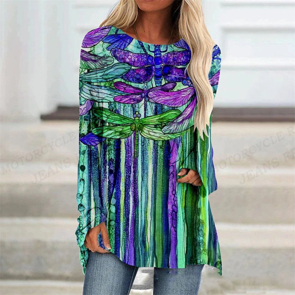 Plant Flowers T Shirt Long Sleeve Butterfly Tops