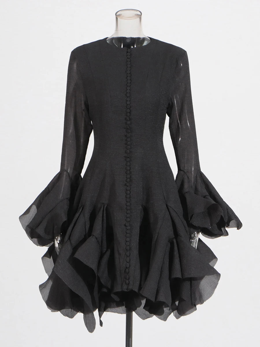 Pleated Patchwork Fashion Long Lantern Sleeve Waist Cinching Mini Dress