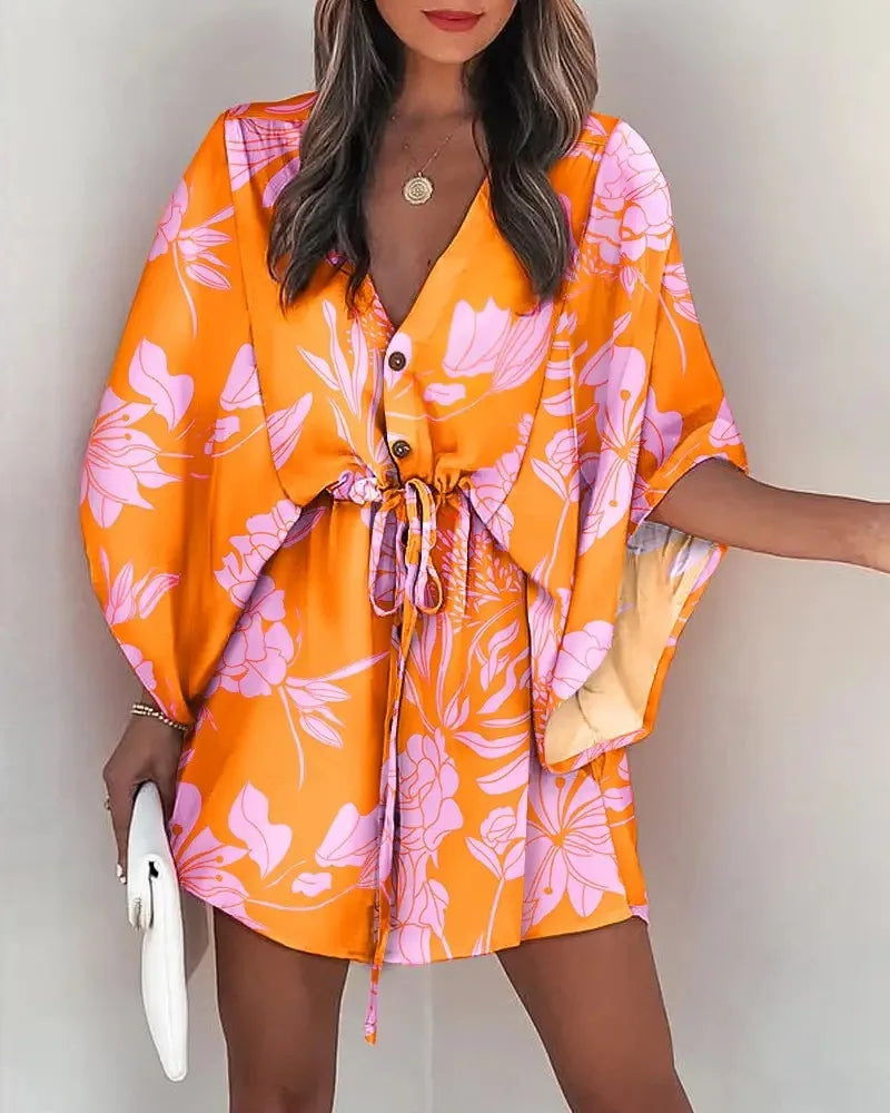 Summe New Floral Print Bat Half-Sleeve V-Neck