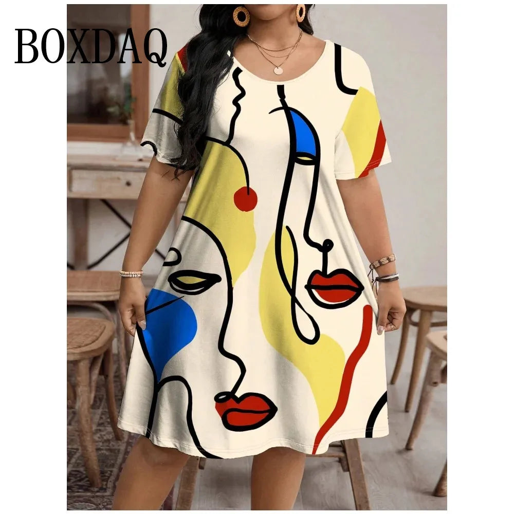 Streetwear Pattern Print Summer Dress Casual Short Sleeve Plus Size 9XL