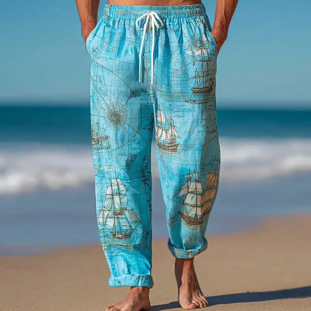 Men's Nautical Compass Sailboat Trousers Baggy Pants Casual Pant Mid Waist