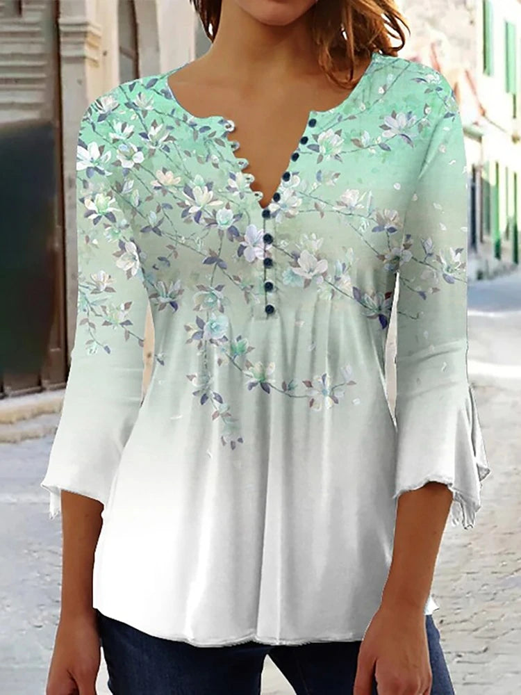 Summer Street Fashion Button-Down Comfortable Seven-Quarter Sleeve Top