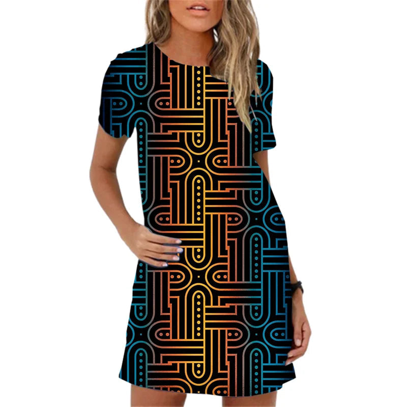 Summer Short Sleeve Mini Dress Vintage Geometric Pattern