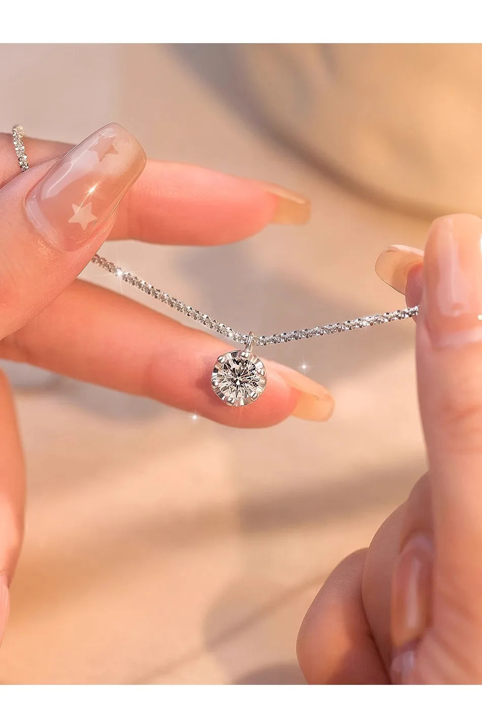 Super Sparkly D Color Moissanite Pendant silver chain plated 18K