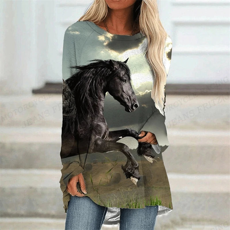 Horse T Shirt Long Sleeve Tops Tees Ladies