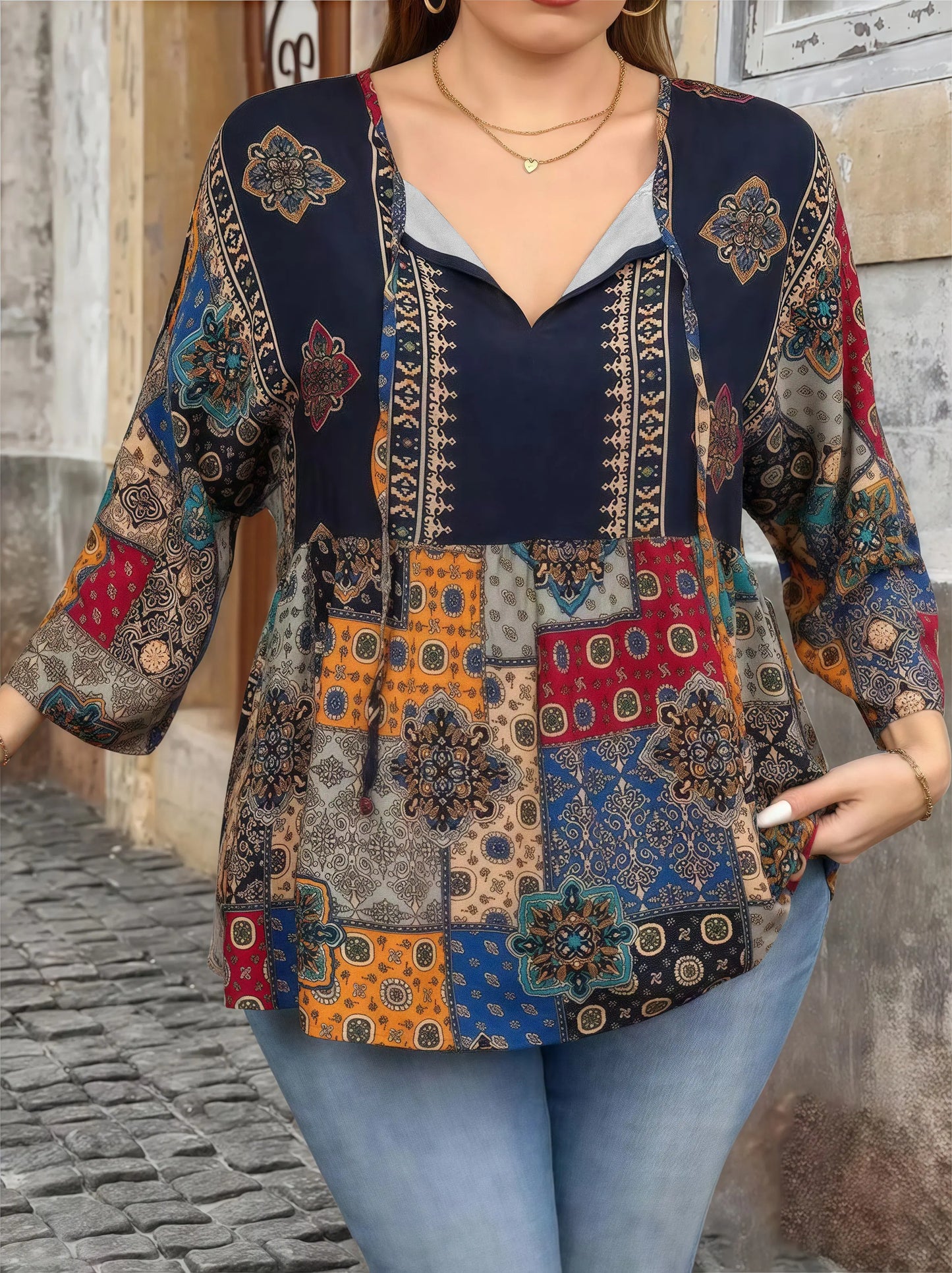 Print V-Neck Tie-Waist 3/4 Sleeve Plus Size Women's T-Shirt - Elegant Ethnic Blouse