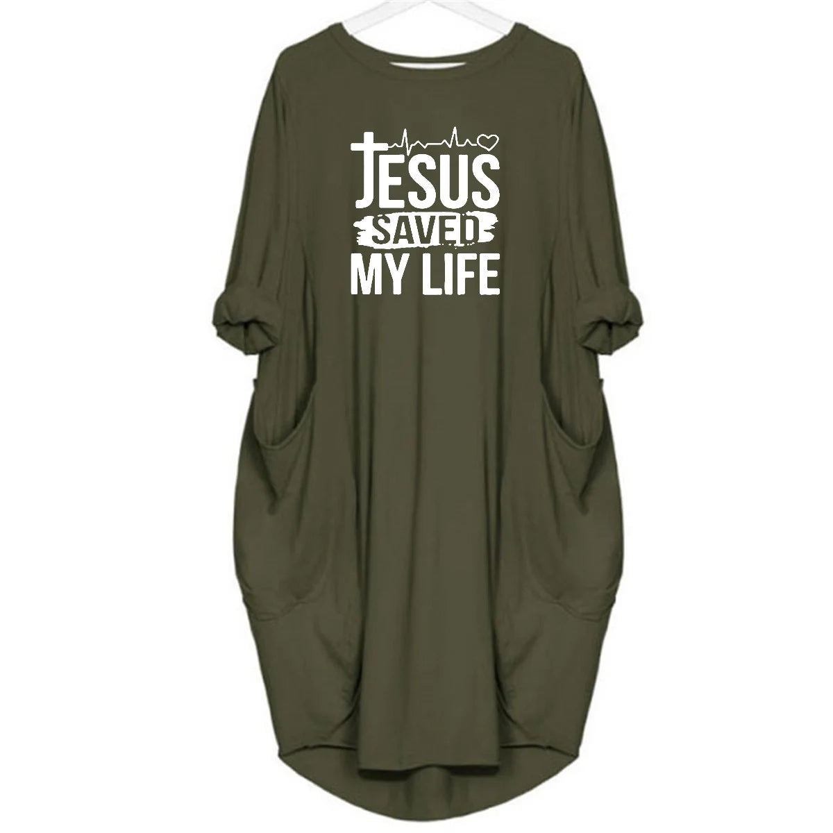 JESUS SAVED MYLIFE Print Round Neck Long Sleeve Pocket Comfortable Dress