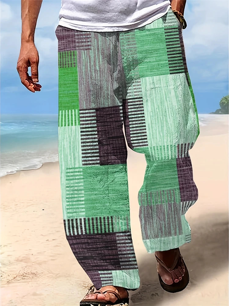 Summer Oversized New Men's Bohemian Wide Leg Pants 3D Retro Splicing Printed Loose Casual Beach Pants