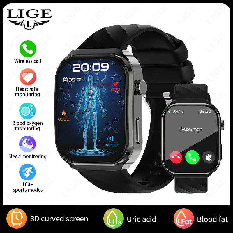 LIGE New AI Healthy Diagnosis Blood Lipids Uric Acid Smart Watch 2.2" Curved Screen Voice Bluetooth Call Health Smartwatch
