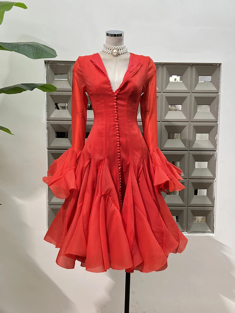 Pleated Patchwork Fashion Long Lantern Sleeve Waist Cinching Mini Dress