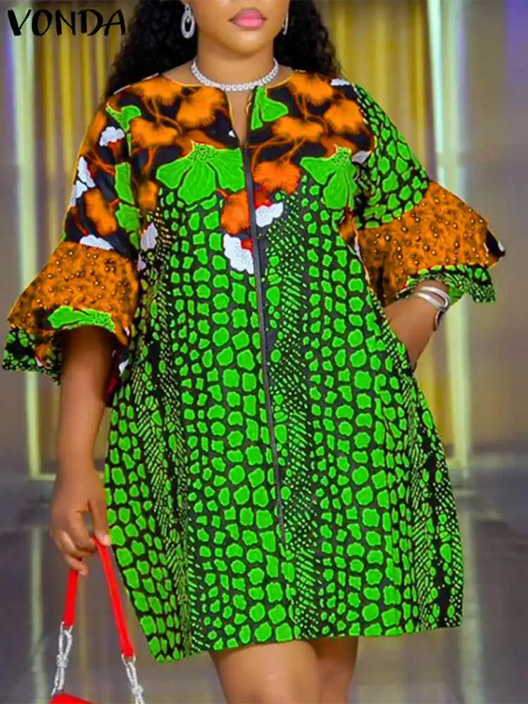 Plus Size Short Dress Flare Sleeve Party Sundress