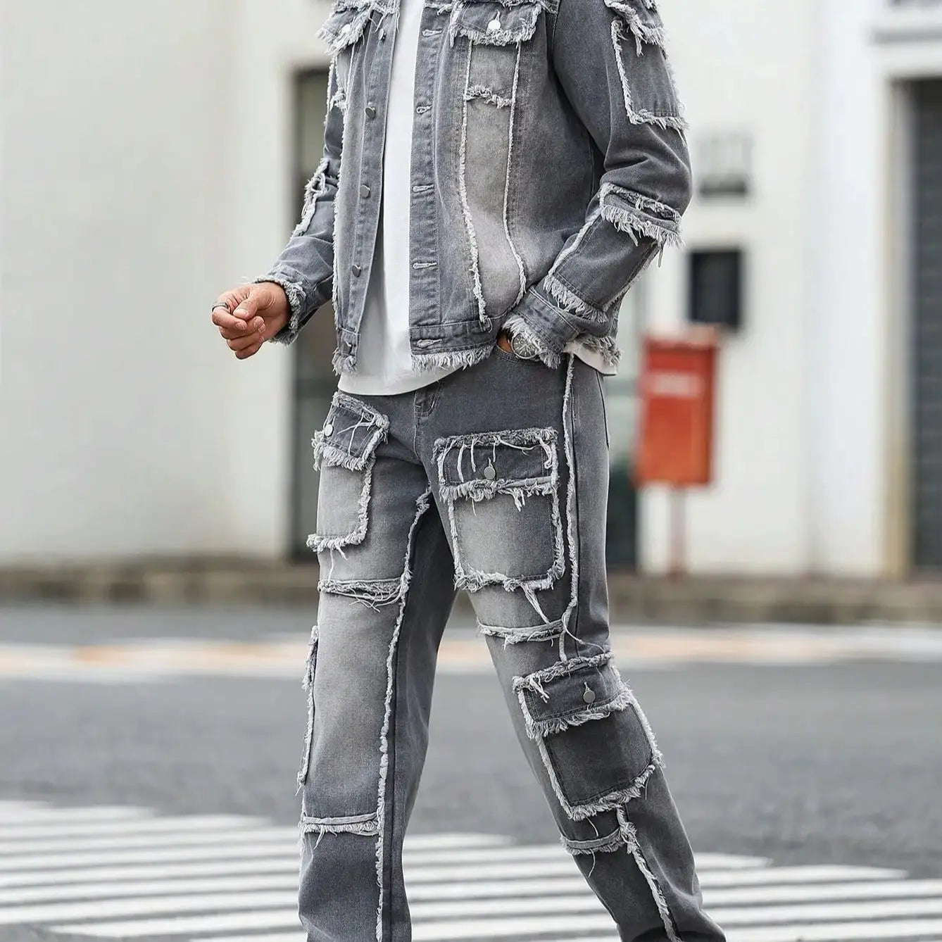 Men's Street Style Raw-Hem Grey Denim Set, a minimalist and fashionable two-piece