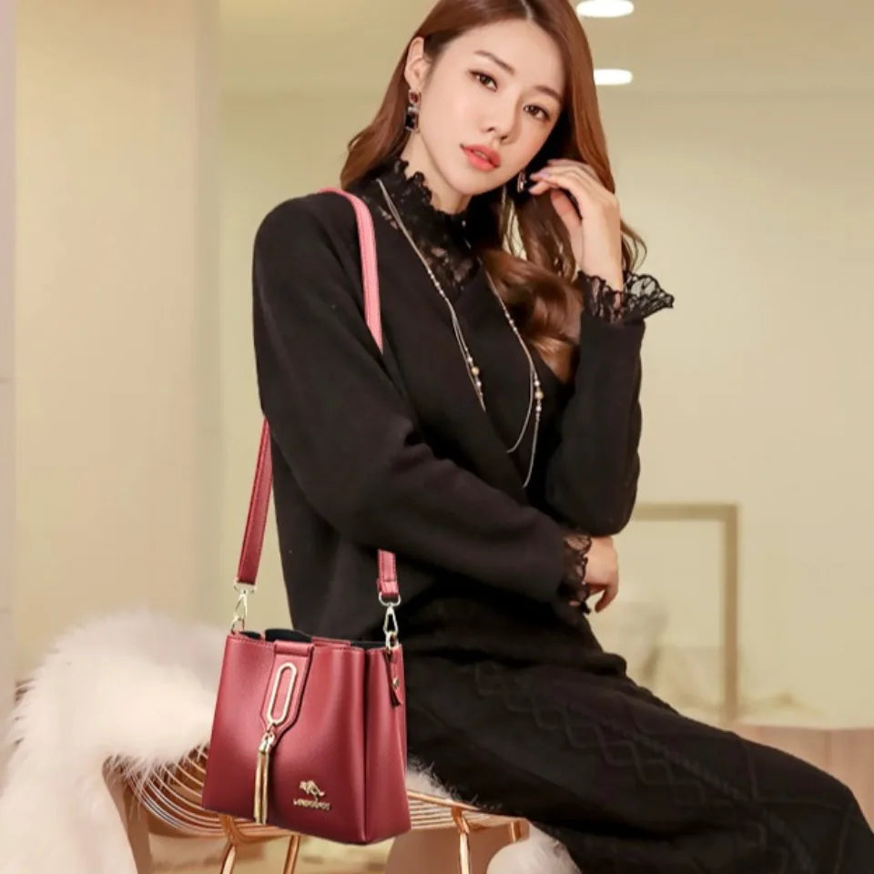 High Quality Leather Three layers Ladies Shoulder Crossbody Bag
