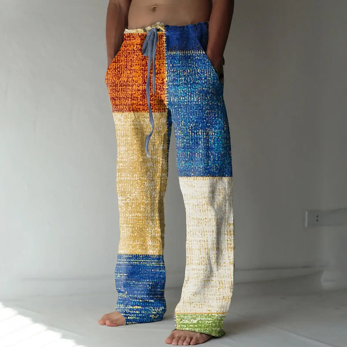 Men's Color Block Geometric Pattern Pants Trousers Mid Waist Drawstring Elastic Waist Casual Outdoor Wide-leg Trousers for Men