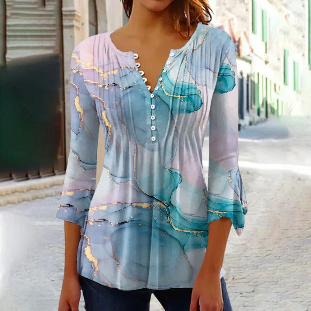 Summer Street Fashion Button-Down Comfortable Seven-Quarter Sleeve Top