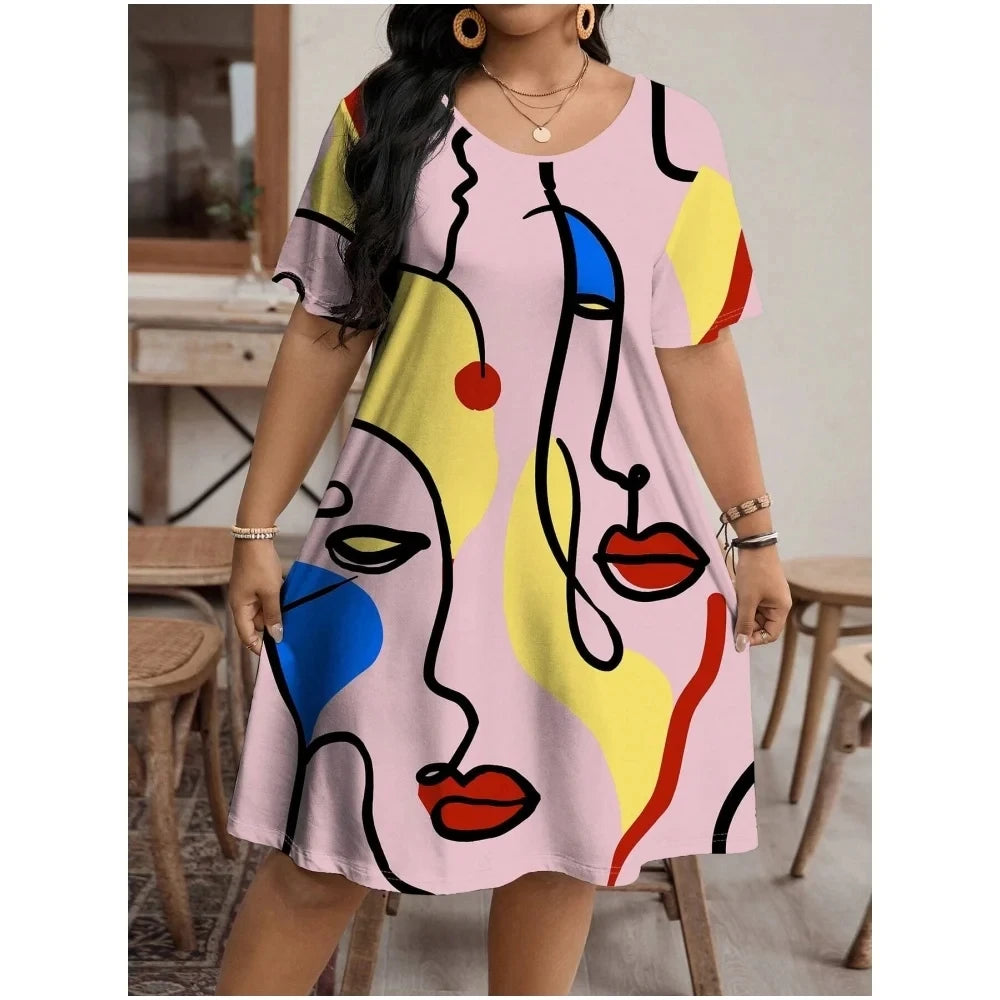Streetwear Pattern Print Summer Dress Casual Short Sleeve Plus Size 9XL