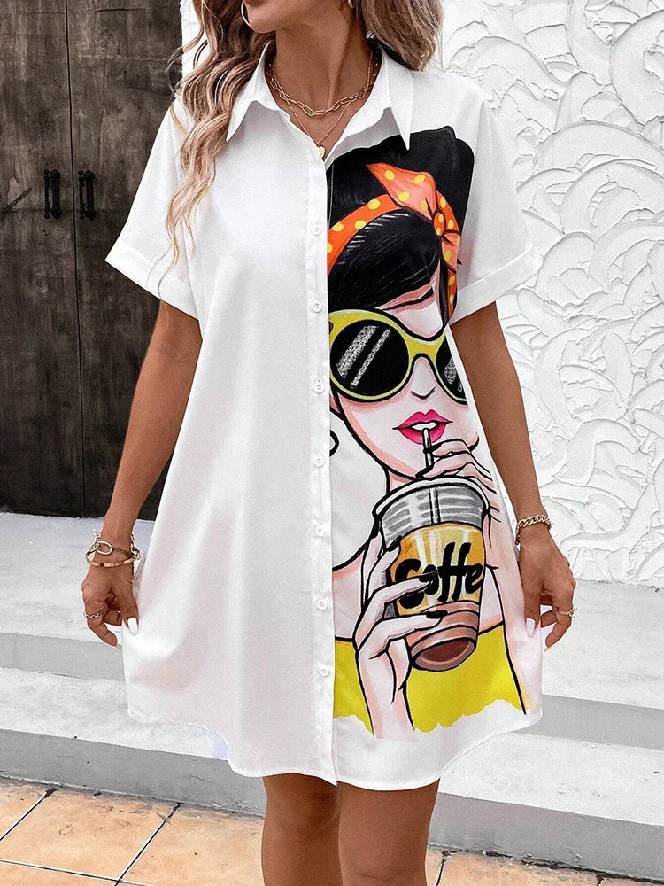 Ladies Short-sleeve Trend Single-breasted Elegant Dress