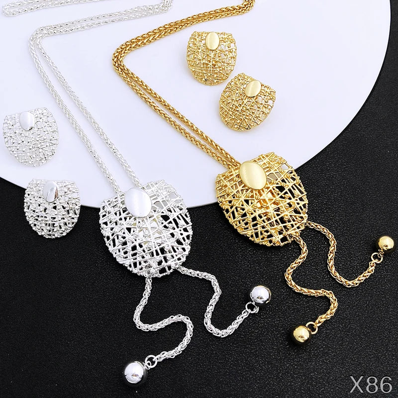 18K Gold Plated Necklace And Earrings Set 85cm Long Chain Jewelry Adjustable Length 3pcs