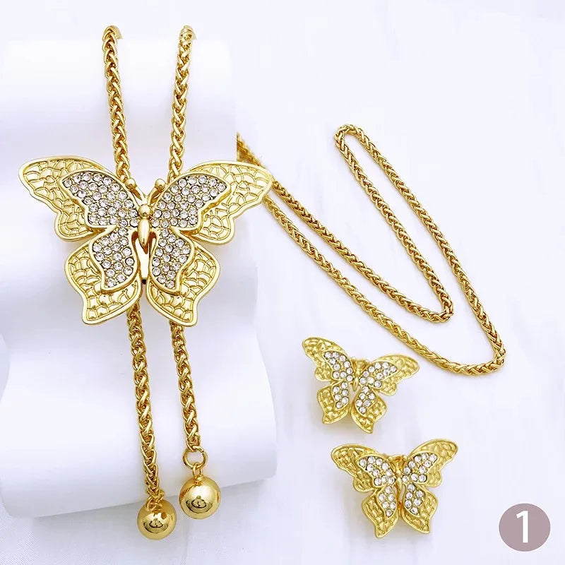 Elegant Butterfly Jewelry Long Necklace Earring Set Adjustable Length