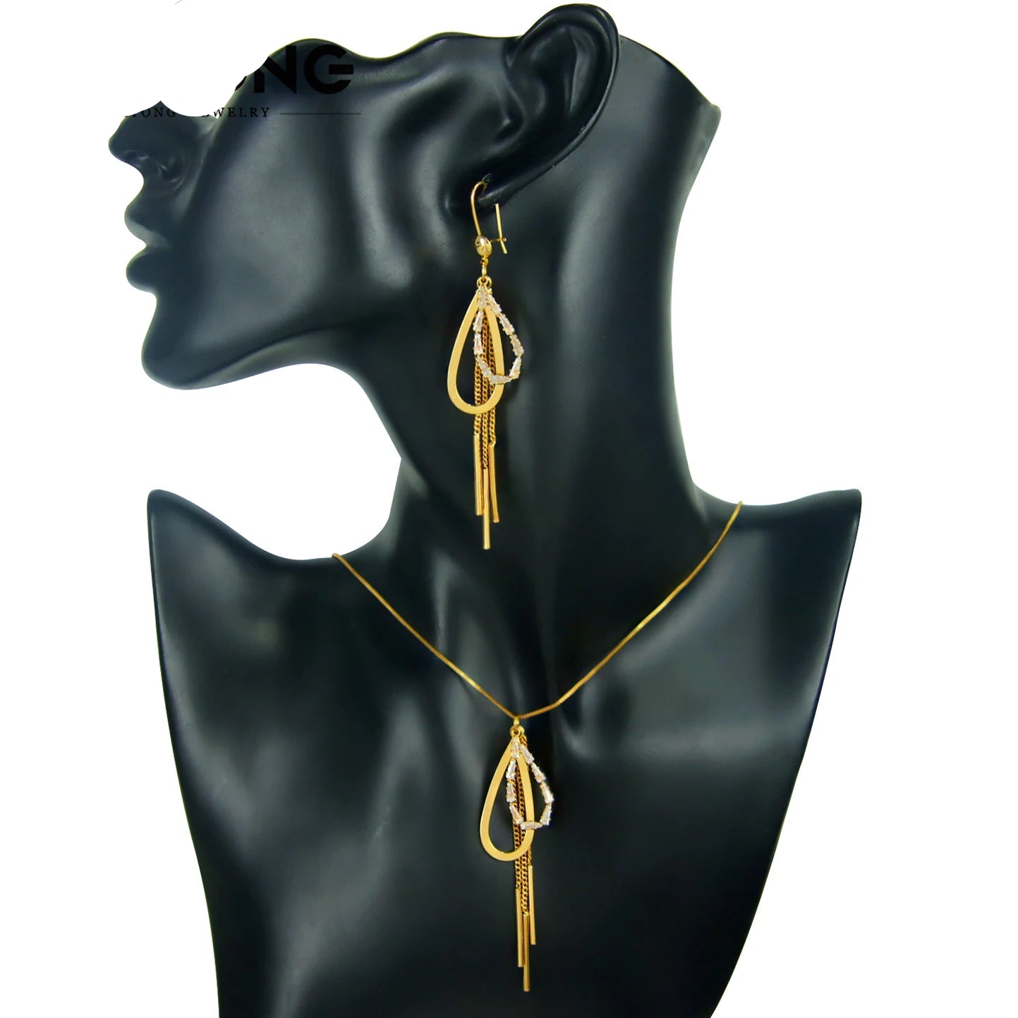 Elegant Shiny Tassel Necklace Set 21k Gold Plated Geometric Triangular Party Jewelry