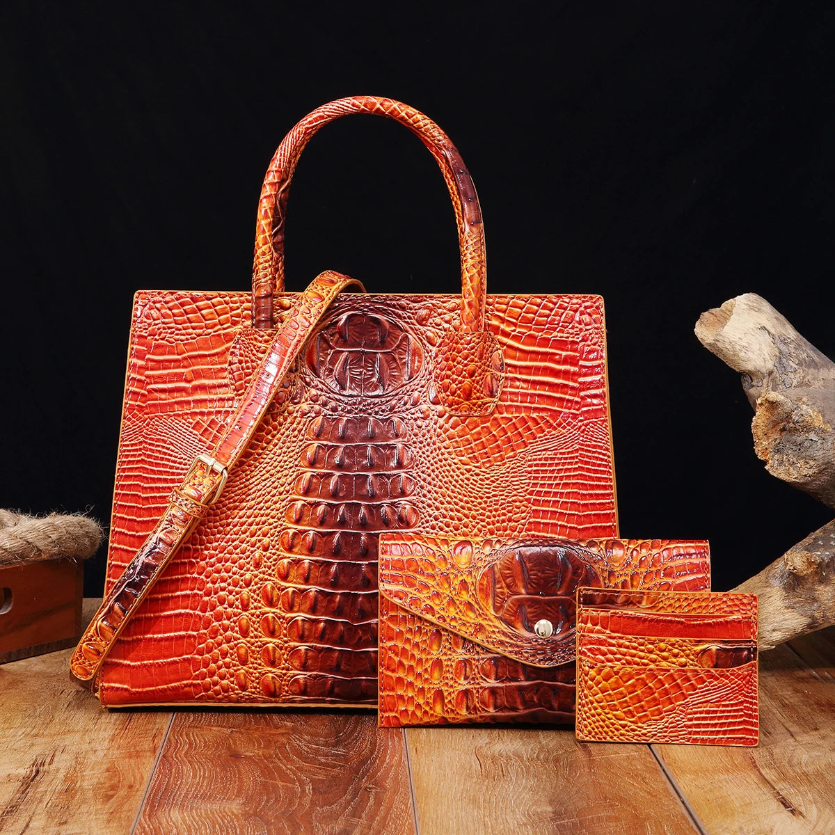 3 set Crocodile Pattern Handbag & Purses Set, Multi-functional Vintage Top Handle Crossbody Bag & Business Clutch Bag