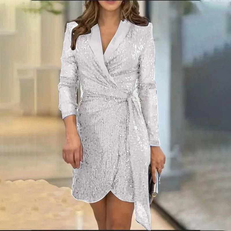 Sexy Waist Series Sequined Suit Collar Long Sleeved Lace Up Dress