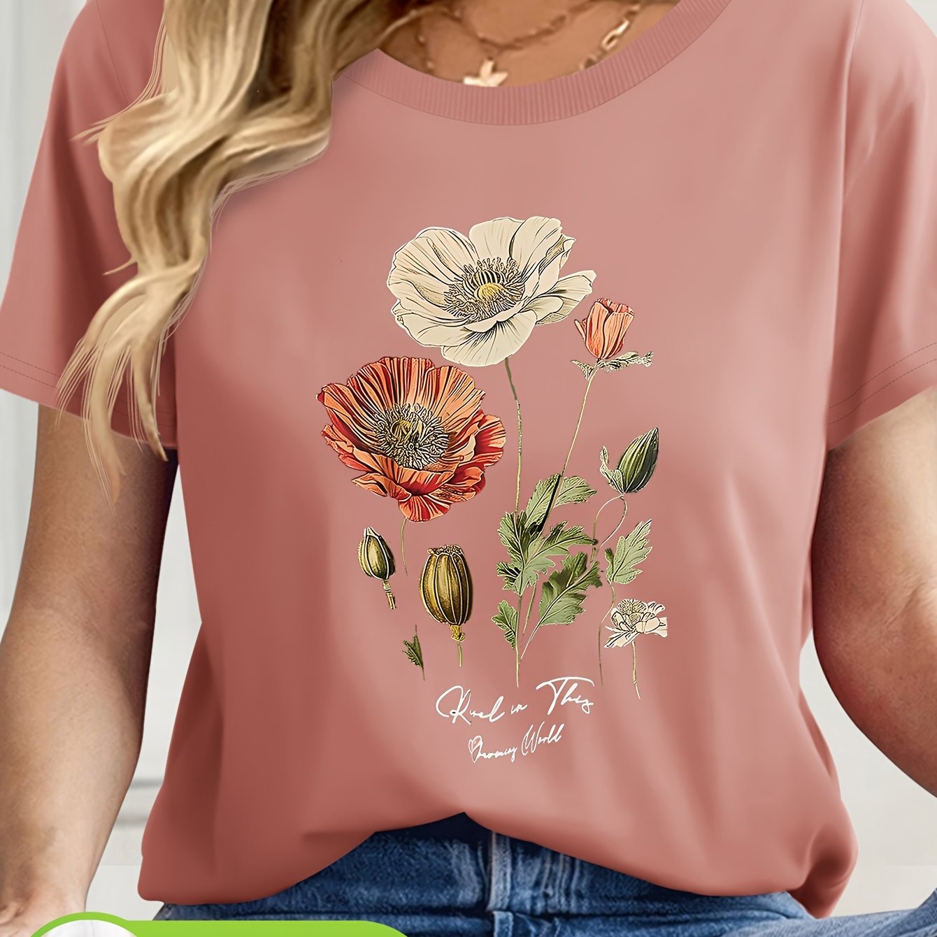Short Sleeve Round Neck Top with Vibrant Poppy & Foliage Design