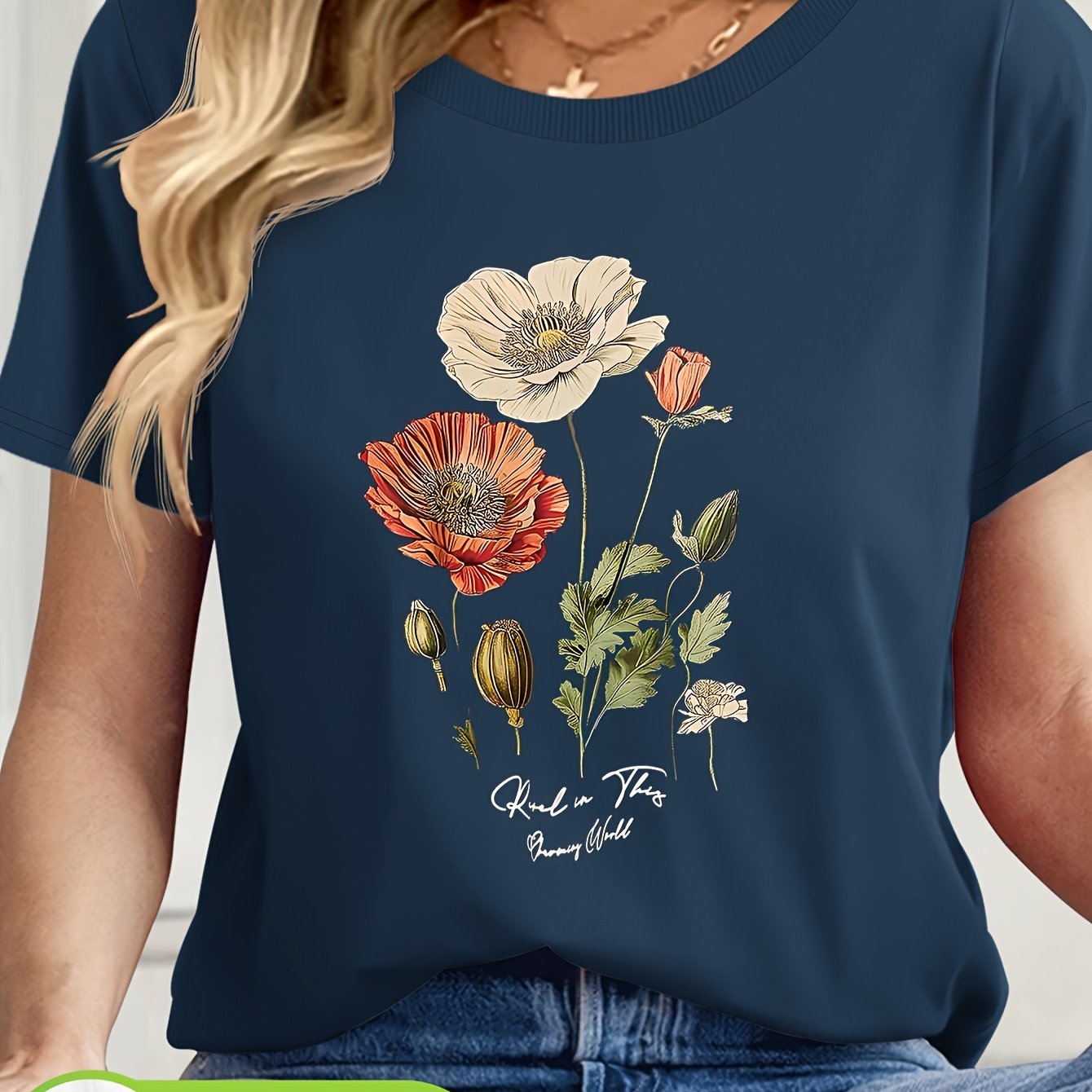 Short Sleeve Round Neck Top with Vibrant Poppy & Foliage Design