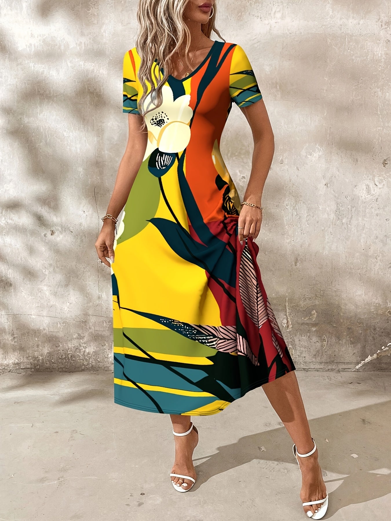 Dress with Pockets, Short Sleeve A-Line Knit Fabric Dress