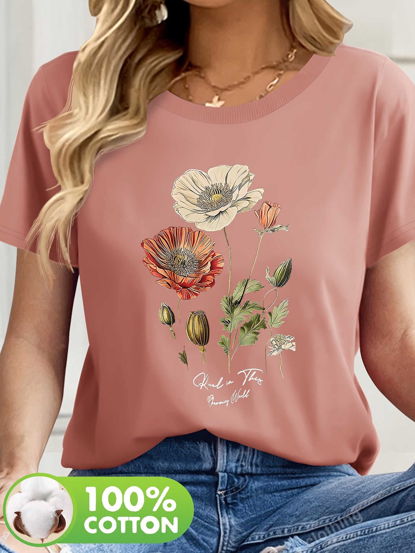 Short Sleeve Round Neck Top with Vibrant Poppy & Foliage Design
