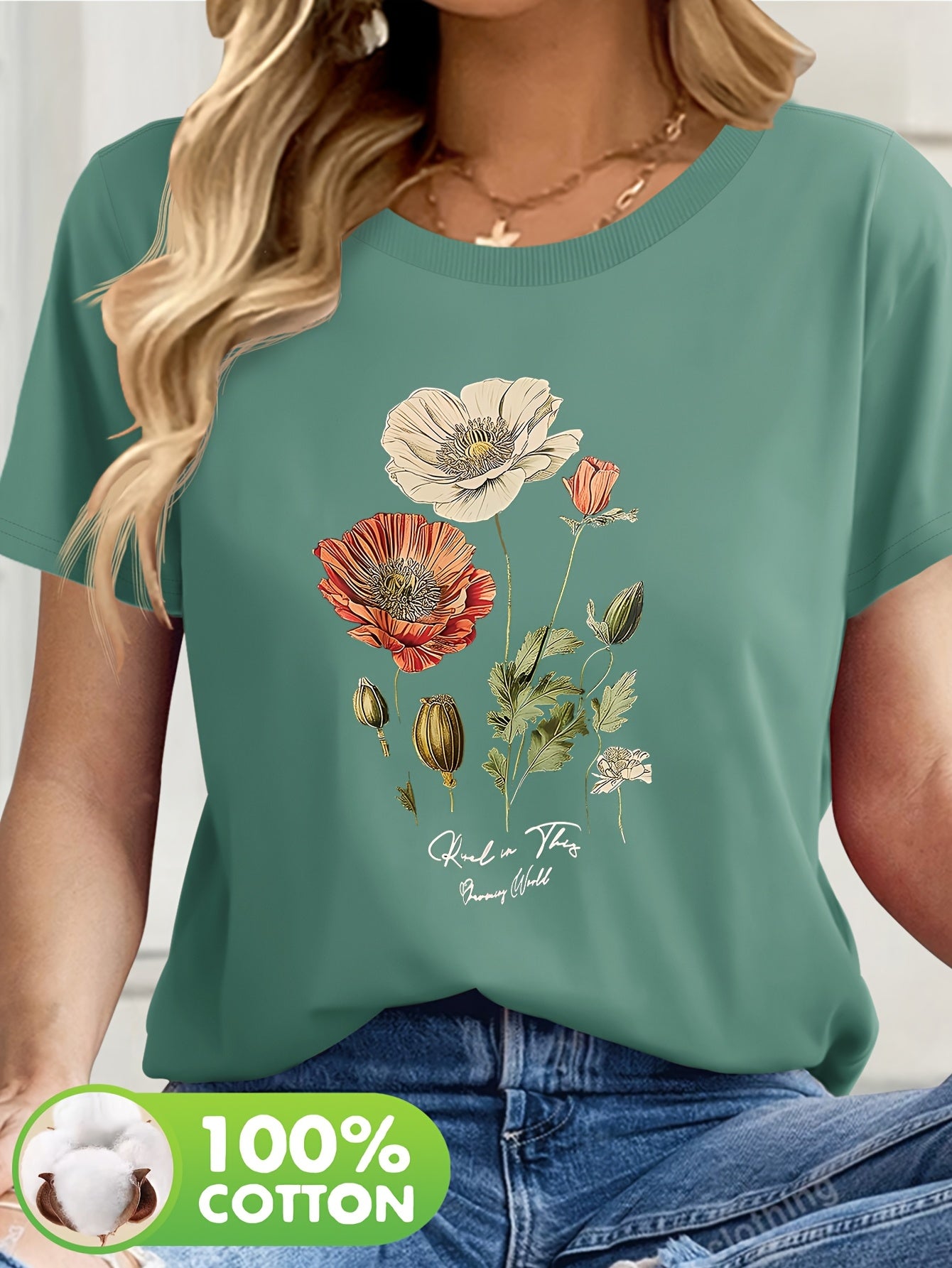 Short Sleeve Round Neck Top with Vibrant Poppy & Foliage Design