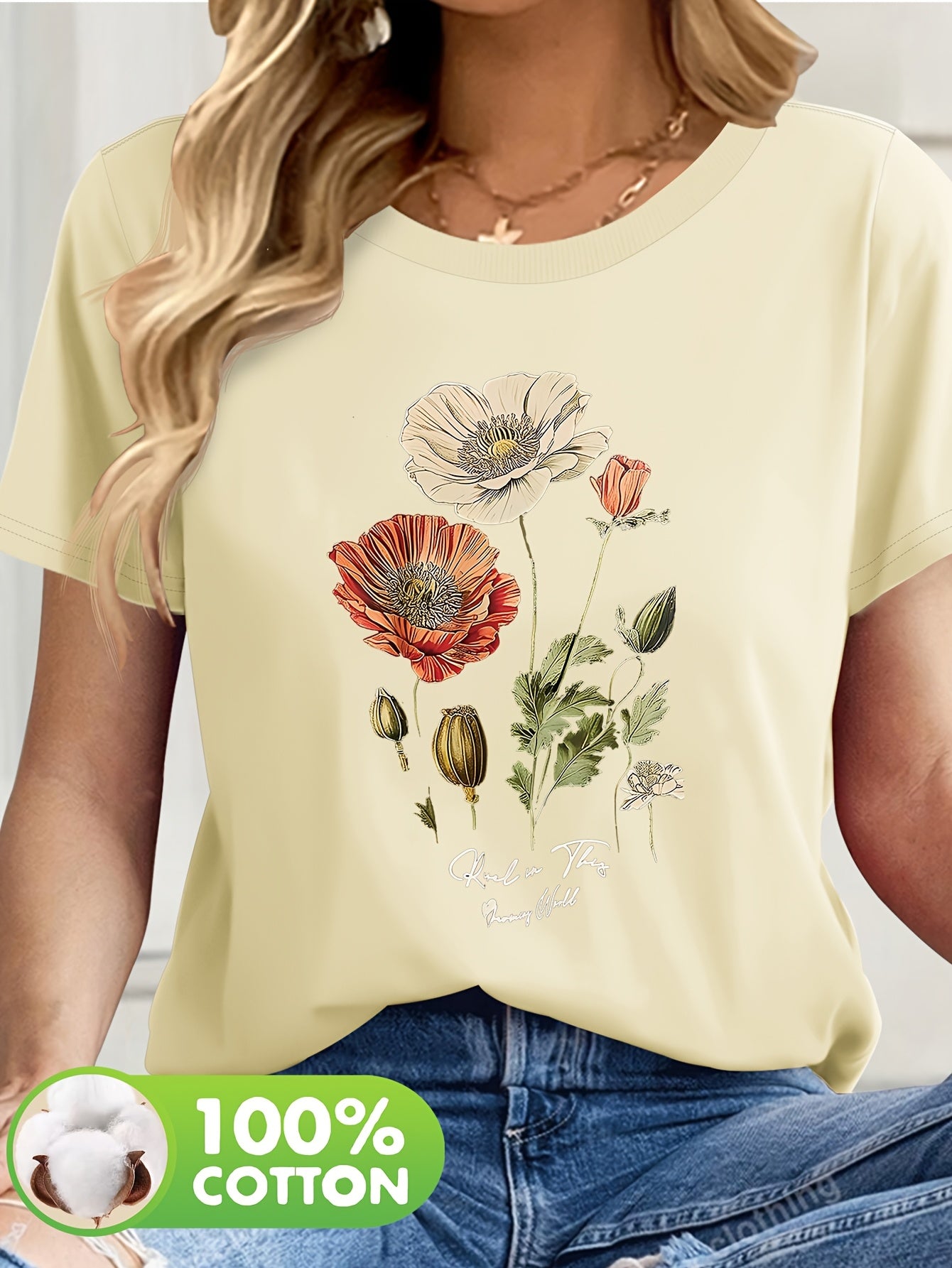 Short Sleeve Round Neck Top with Vibrant Poppy & Foliage Design