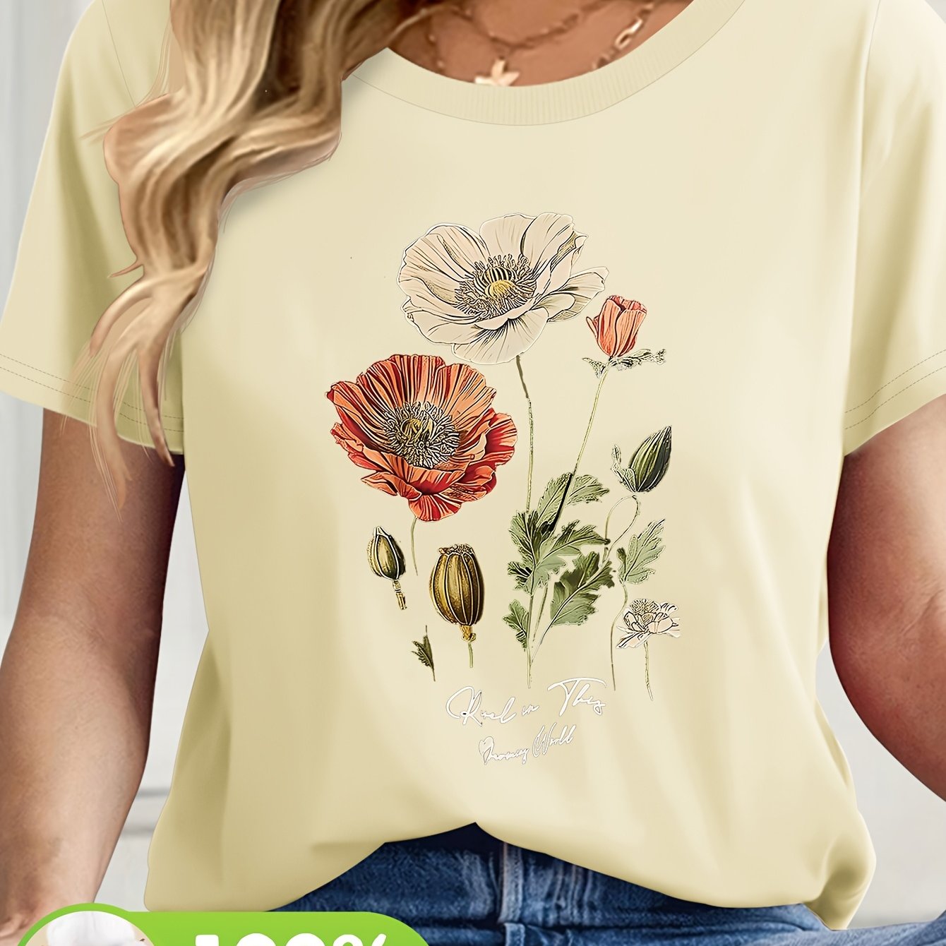 Short Sleeve Round Neck Top with Vibrant Poppy & Foliage Design