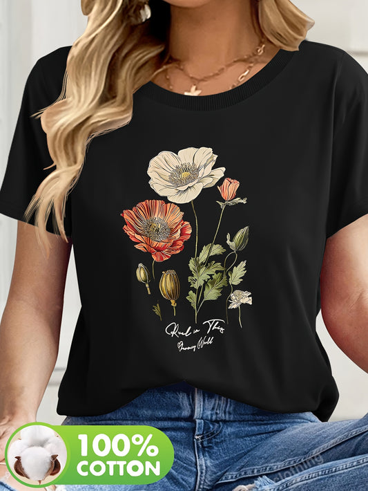 Short Sleeve Round Neck Top with Vibrant Poppy & Foliage Design