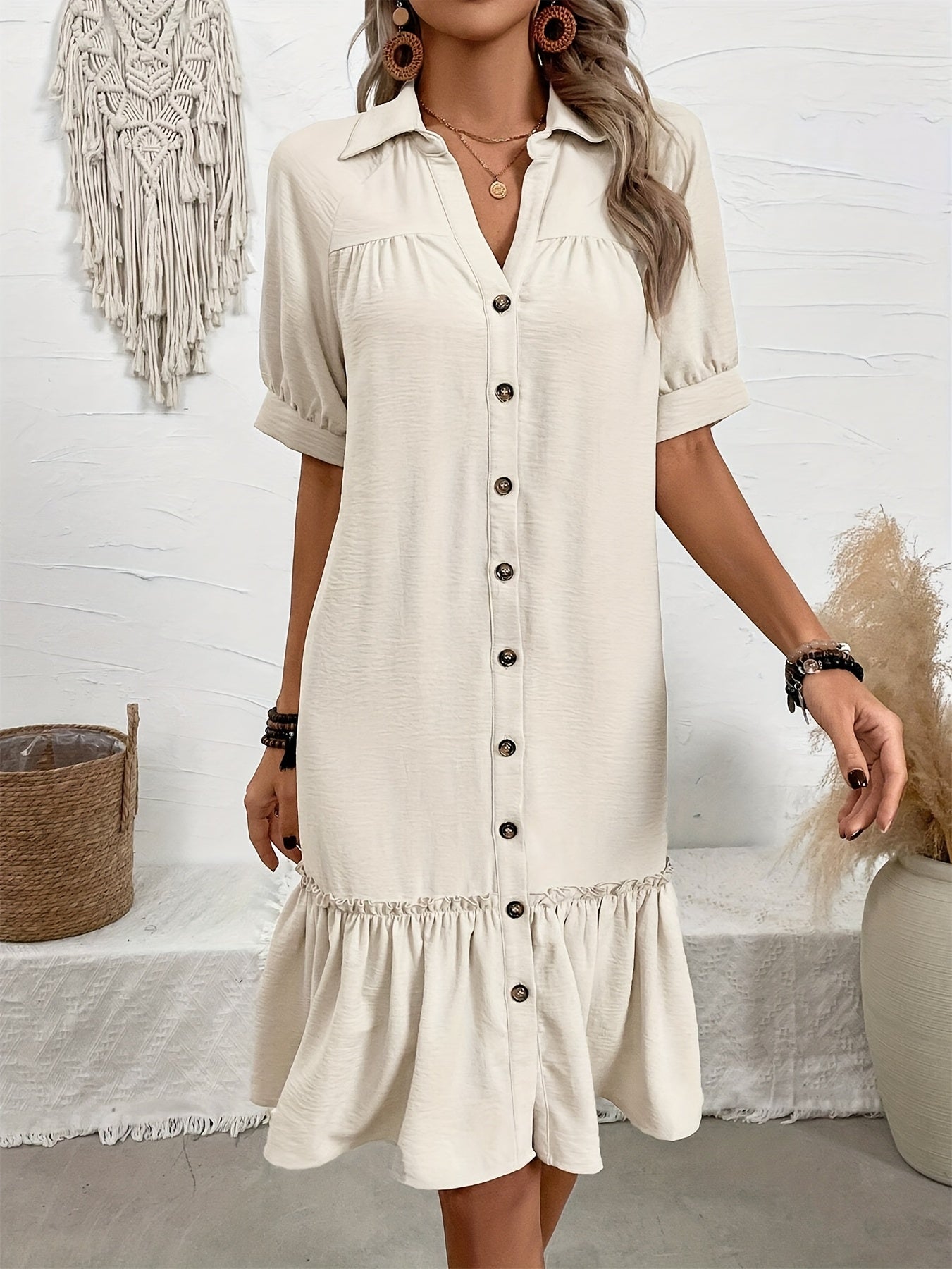 Casual Vacation Dress with Collar & Ruffled Hem Lightweight Fabric