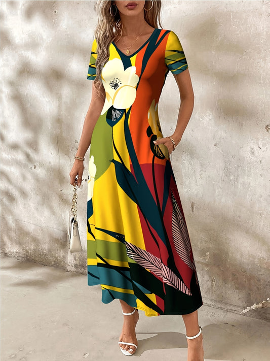 Dress with Pockets, Short Sleeve A-Line Knit Fabric Dress